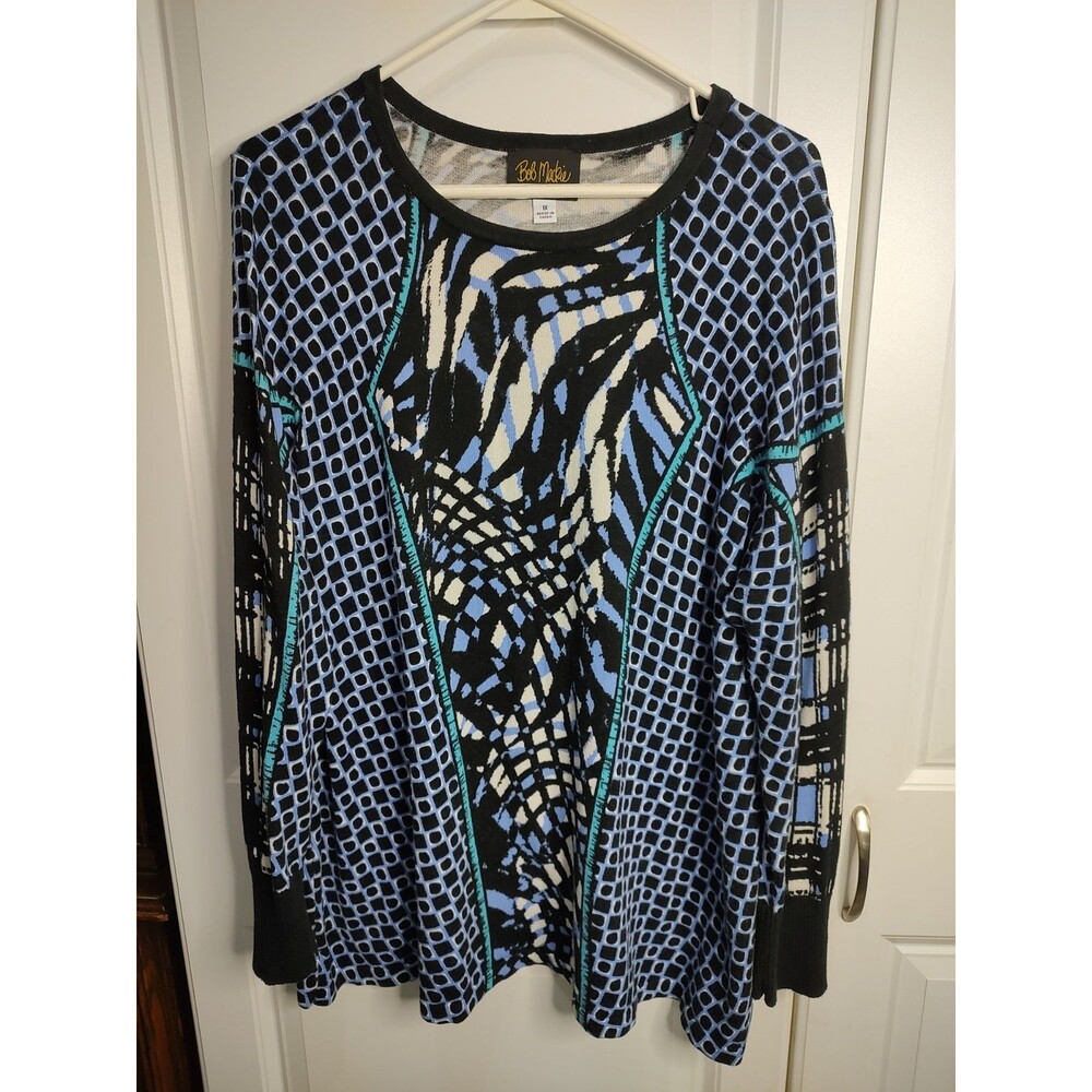 Bob Mackie Wearable Art Blue Black Geometric Pullover Sweater 1X Women